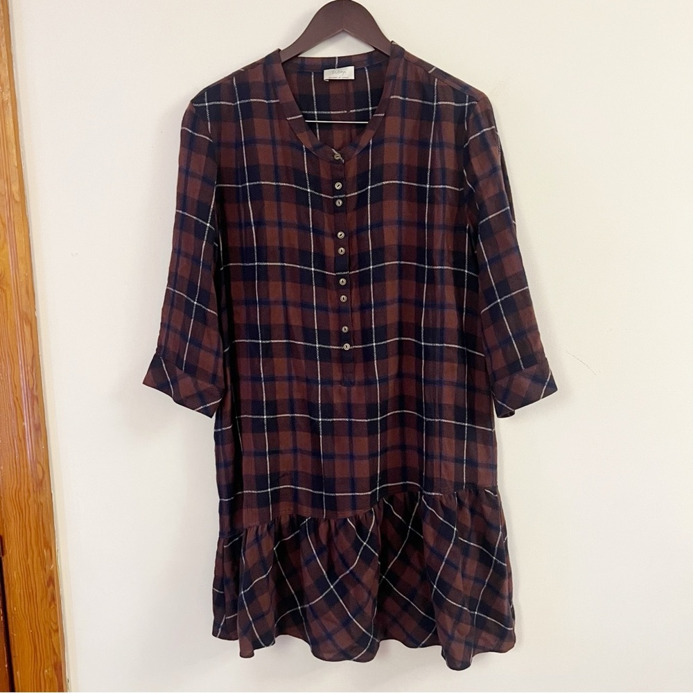 Wrap London Wool Blend Check Plaid Shirt Dress Brown Size 10 Ruffle Hem